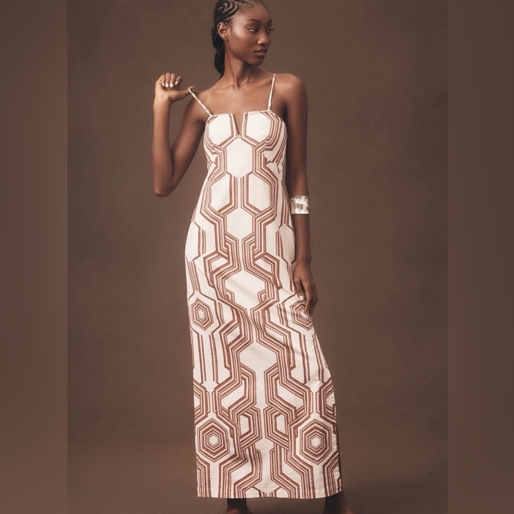 By Anthropologie Strapless Linen Plunge-neck MIDI Dress Size 14 NWT BROWN motif